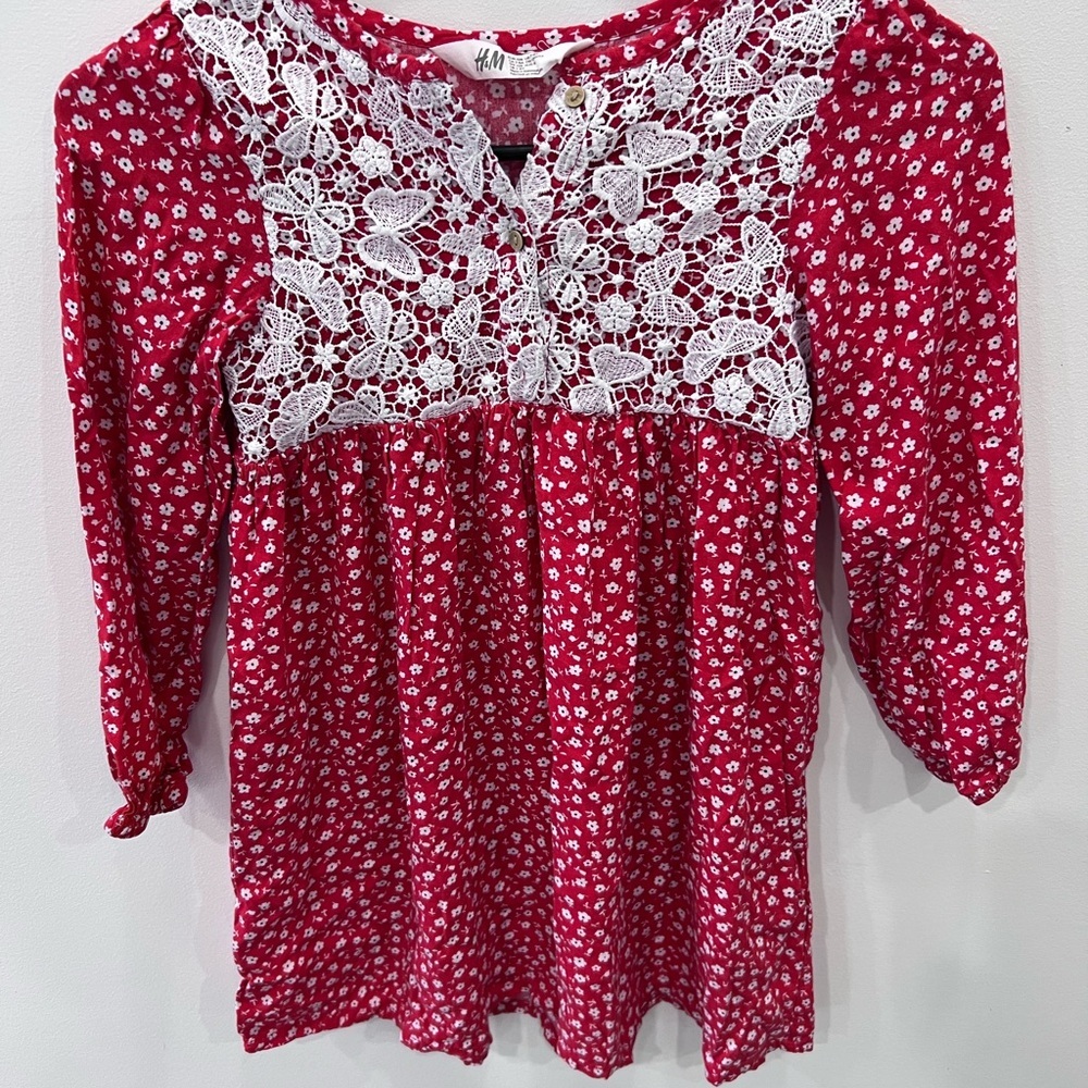 H&M Girls Red Floral Lace Dress Size 7/8 Boho Cottagecore Long Sleeve - Picture 7 of 8